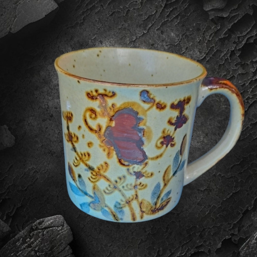 Handcrafted Stoneware Mug with Floral and Butterfly Design made in Japan
